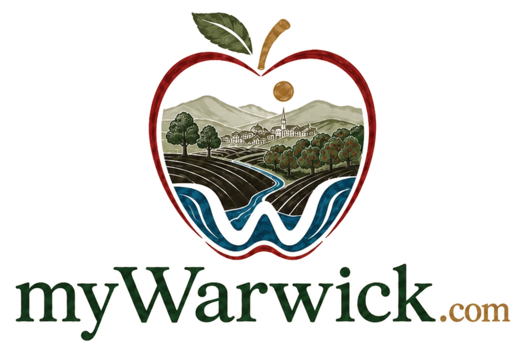 myWarwick.com — an apple framing the Warwick Valley: village, orchards, black dirt fields, and the Wawayanda Creek